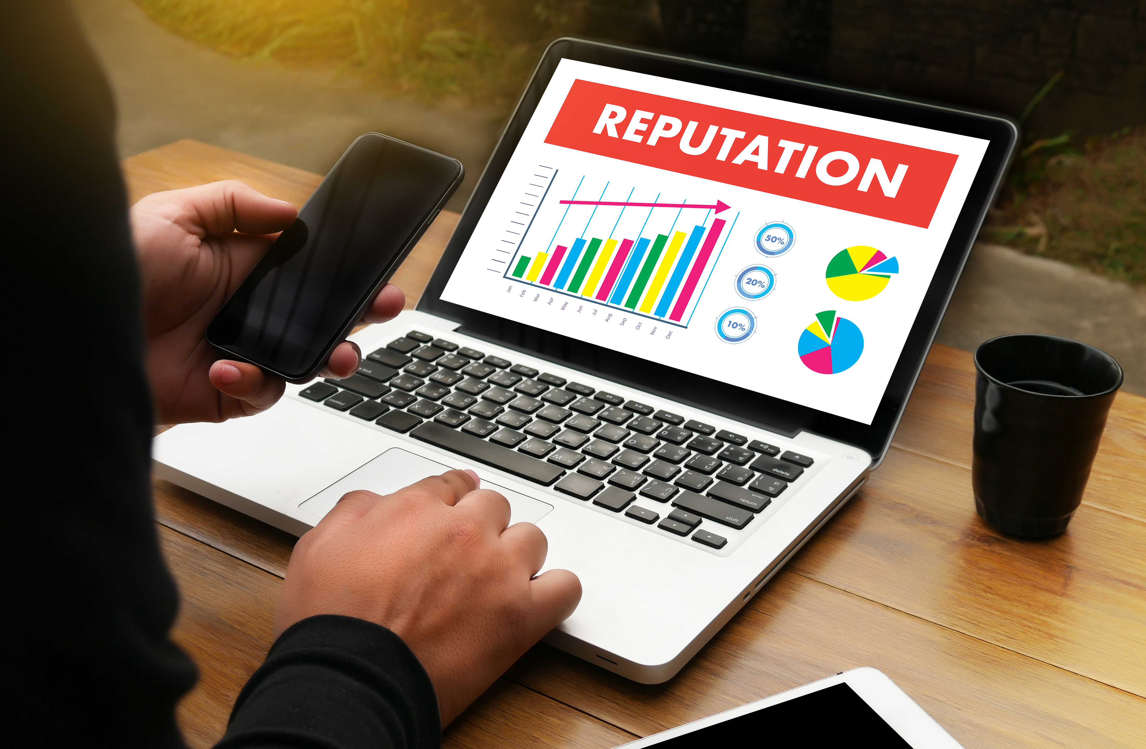 person working at open laptop with the word reputation above charts and graphs on the screen